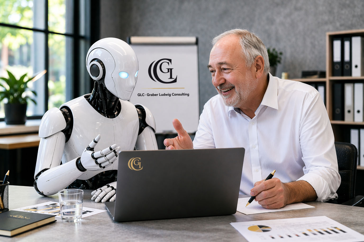 Ludwig Graber diskutiert mit Roboter